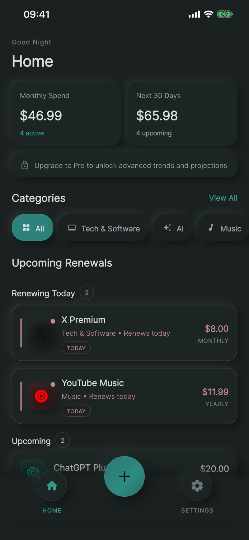 The NextRenew home screen: monthly spend, the next thirty days, and the renewals coming up