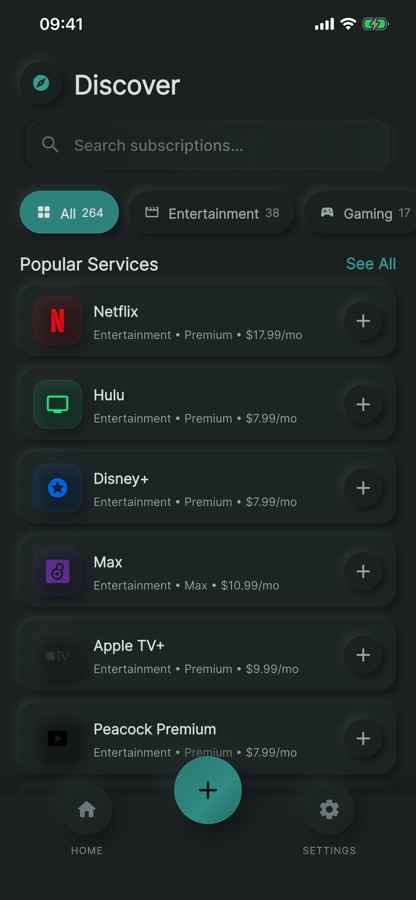 The Discover screen, searching the built-in catalog of services with their usual prices
