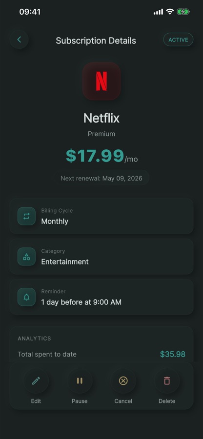 A subscription detail screen showing the next renewal date and a reminder set one day ahead